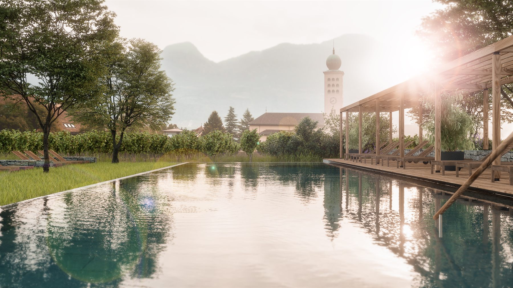 Schwarzschmied Hotel — Pool bei Sonnenuntergang